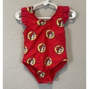 Buc-ee's Swimsuit 12-18 M Toddler Baby One Piece Red Beaver Print Ruffles
